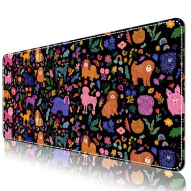Imagem de DINKY Tapete de mesa, teclado e mouse pad de couro para mesa, tapete preto de escritório para meninas, tapetes de mouse grandes antiderrapantes para jogos, capa de mesa 89,9 cm x 39,9 cm, cães fofos