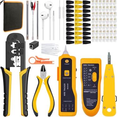 Imagem de Alicate de decapagem TAIWAIN RJ45 cortador de fios, testador profissional de cabos de rede para Cat5e Cat6 RJ11 RJ12, conjunto de reparo LAN para dispositivos móveis, 50 conectores e 50 botas de crimpagem (Denim Blu)