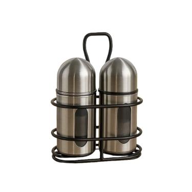 Imagem de Saleiro e Pimenteiro de Vidro e Aço Escovado com Suporte de Metal 80ml -  Jolitex MEK - Preto