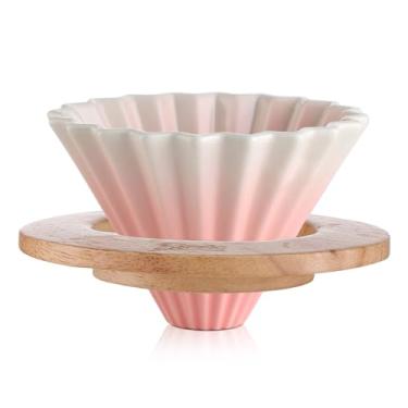 Imagem de Bincoo Coador de café de cerâmica, gotejador de café com suporte de madeira, em forma de flor para 1 a 2 xícaras de cafeteira lenta para café doméstico (rosa)