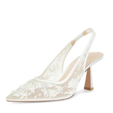 Imagem de ZJGZF Sapatos de salto alto de malha para mulheres, bordado, casamento, gatinho, vestido de noiva, renda, bico fino, sapatos escarpim, Branco, 39