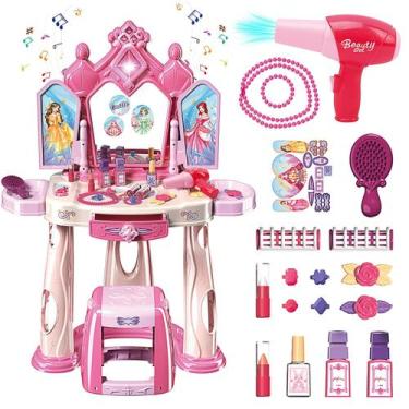 Imagem de Conjunto de mesa de maquiagem Pretend Play com banquinho para meninas 