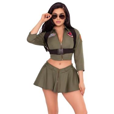 Imagem de Leg Avenue Fantasia feminina de piloto de lutador adulto com 3 peças, sexy, incluindo top cropped com zíper e detalhes em crachá, arnês corporal e saia frontal com zíper, médio