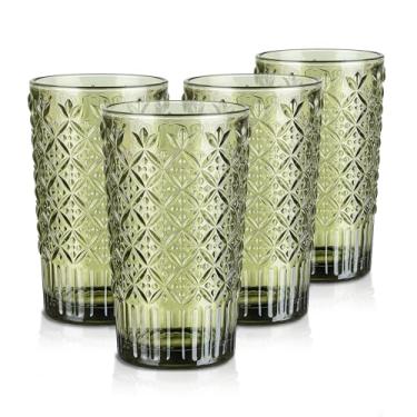 Imagem de Joeyan Copos de vidro vintage verdes, copos de água em relevo, copos de vidro coloridos Highball, copos de vidro elegantes decorativos para bebidas, suco, coquetel, cerveja, 400 ml, conjunto de 4