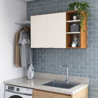 Imagem de Armário Suspenso de Parede Nature/Off White Módulo Aéreo Organizador Multiuso Quarto Cozinha Lavanderia 2 Portas