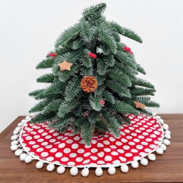 Imagem de TWSANTAMAS Mini saia para árvore de Natal, estampa de bolinhas vermelhas e brancas com pompons, tapete rústico para festa de fazenda, decoração de árvore de 50 cm