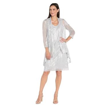 Imagem de Vestido elegante de 2 peças com estampa de folha na altura do joelho com jaqueta de malha esvoaçante - Roupa floral de renda brilhante para ocasiões especiais., Prata, 44