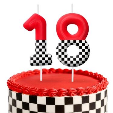 Imagem de Velas de aniversário de carro de corrida, decoração de topo de bolo de 6 cm, bandeira quadriculada número 18 velas, decorações de aniversário, decorações de bolo de festa de aniversário, suprimentos