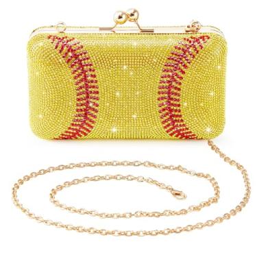 Imagem de Dansydaisy Bolsa noturna com strass com tema de softball, bolsa dourada brilhante para presente para amantes de esportes, bolsa feminina de luxo com glitter para casamentos, eventos formais