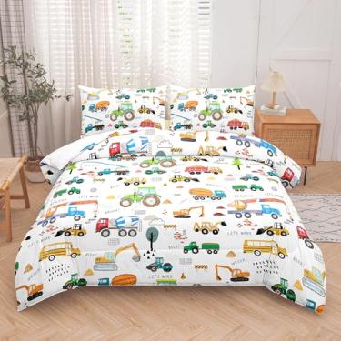 Imagem de Peopleareok Jogo de cama Queen com desenho animado de carro, 3 peças, trator de construção, escavadeira, trator e escavadeira, para meninos e crianças, edredom de microfibra supermacia com 2 fronhas