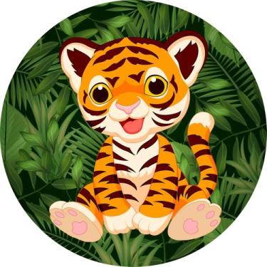Imagem de Painel de Tecido Sublimado Redondo Tigre Cute Feliz Fundo Folhagem Ver