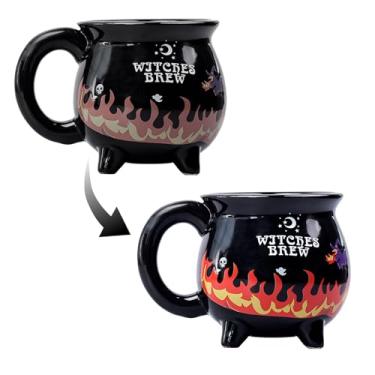 Imagem de J.Ehonace Caneca de caldeirão de transformação mágica de Halloween - xícara de café de cerâmica de 400 ml, segura para micro-ondas, ativada por calor, design de cerveja de bruxa que muda de cor para