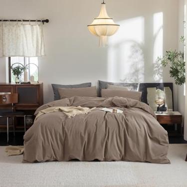 Imagem de FOSSA Conjunto de capa de edredom 100% algodão lavado, sensação de linho, super macio, respirável, aconchegante, 3 peças, marrom claro, casal