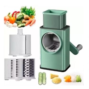 Imagem de Ralador Manual de Legumes Multifuncional, Verde Menta, 3 Lâminas Intercambiáveis, Cortador Rotativo para Cozinha com Recipiente