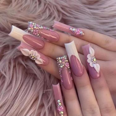Imagem de Pregos postiços quadrados longos com pontas brancas francesas com design de strass de flores com glitter dourado, cola brilhante nas unhas, unhas de acrílico rosa, feitas à mão, 24 peças