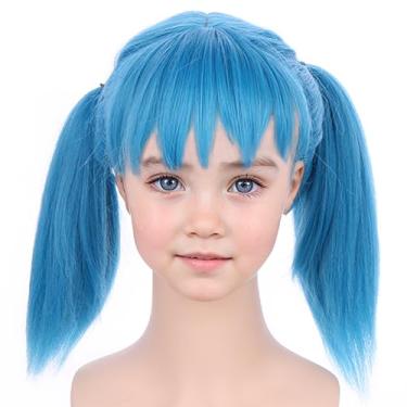 Imagem de PATTNIUM Peruca azul claro com franja para meninas e crianças, peruca reta azul curta com 2 rabos de cavalo sintético para cosplay de Halloween