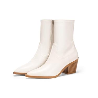 Imagem de Coutgo Bota feminina de cano curto, bico fino, salto grosso, zíper lateral, couro, Bege, 41