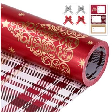 Imagem de EWES Rolo de papel de embrulho de Natal vermelho fofo infantil reversível árvore grossa estética elegante folhas de embrulho de presente resistentes meninas meninas princesa total 28,5 m²