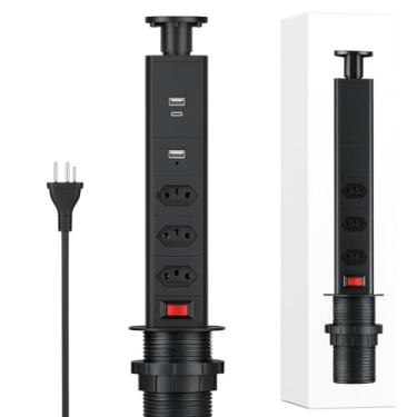 Imagem de Torre de Tomada Retrátil Embutir na Mesa com 3 Tomadas 2 USB + USB-C 2500W 10A Soquete de Secretária para Escritório Bancada Home Office