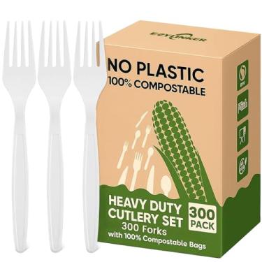 Imagem de Garfos compostáveis resistentes (pacote com 300), garfo ecológico e pesado sem plástico – 100% descartáveis, talheres de amido de milho para lounge, festa, casamento, churrasco, piquenique