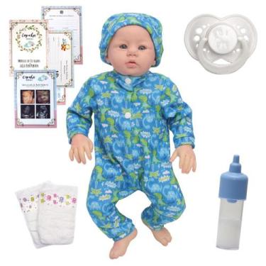 Imagem de Bebe Reborn Menino Realista Macacão Dino Com Kit Itens - Cegonha Rebor
