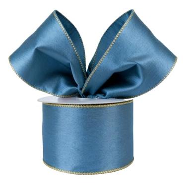 Imagem de Fita de cetim com fio, 6 cm x 20 metros, borda metálica, decoração de árvore de Natal (azul escuro, 6 cm)