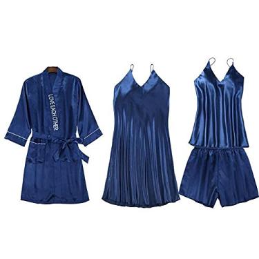 Imagem de ifgswopq 3 peças - conjunto de pijama de cetim lingerie de cetim nova camisola de cetim feminina roupa de dormir roupa de dormir roupa de dormir (grande)