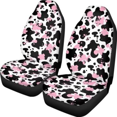 Imagem de Wunvihay Capas de assento dianteiras com estampa de vaca rosa preta para carros navajo asteca protetor de assento de carro conforto poliéster concha capas de assento universal para SUV caminhão sedan