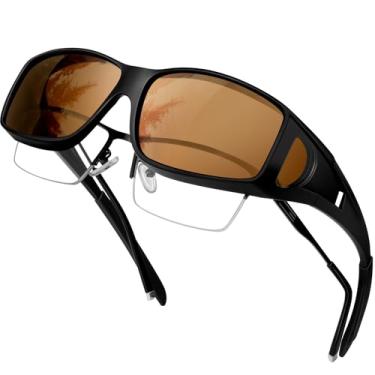 Imagem de KANASTAL Oculos de Sol Marrom Sobrepor Polarizado Feminino Masculino Proteção UV400 sobre Óculos Retangular Vintage Retro Brown Sunglasses over Glasses Men Women -Marrom Preto