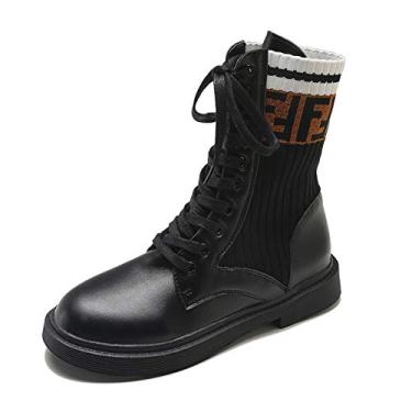 Imagem de Bigfanshu Botas Martin pretas femininas outono inverno sapatos de couro para caminhada moda meia alta ajuda bota selvagem cadarço botas modernas, Preto, 36 BR