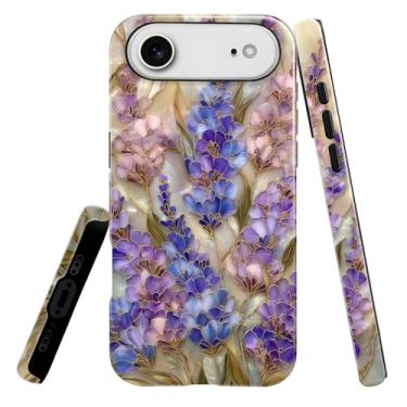 Imagem de heindiy Compatível com iPhone 17 Air, capa brilhante, proteção total, à prova de choque, anti-arranhões, capa de TPU, capas para homem mulher - lavanda flor flor vitral