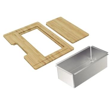 Imagem de Kit Para Cubas Quadrum Tramontina Design Collection Com Tabua Em Madeira 42X40 Cm Com Tabua Auxiliar E Cesto Coador