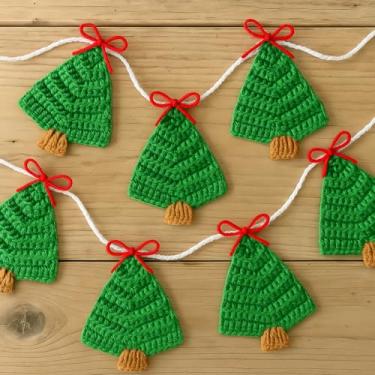 Imagem de Norme Conjunto de 6 enfeites de árvore de Natal de crochê com laço vermelho pendurado, enfeites de árvore de Natal verde de malha fofa feita à mão para decoração de guirlanda de Natal