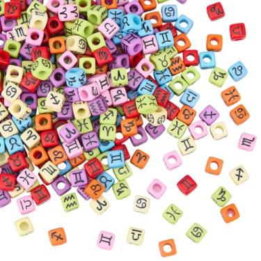 Imagem de SUNNYCLUE 300 peças, 12 estilos, contas de constelação do zodíaco, contas de cubo de acrílico a granel 7,5 x 7,5 mm, mistas aleatórias, coloridas, quadradas, signos do zodíaco, pingentes espaçadores
