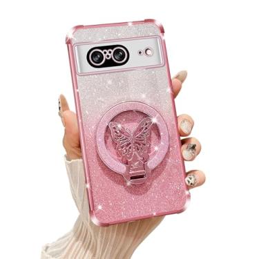 Imagem de Tesazxcn Capa de celular para Google Pixel 8 [compatível com Magsafe] com suporte de borboleta e cordão macio TPU brilhante transparente à prova de choque capa para Google Pixel 8, ouro rosa