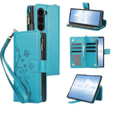 Imagem de Capa carteira para Samsung Galaxy Z Fold6, bloqueio de RFID, 6 compartimentos para cartão + bolso com zíper, suporte, alça de pulso destacável, TPU de couro PU à prova de choque, estampa de flor de