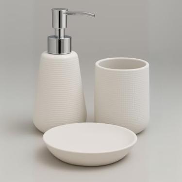 Imagem de Kit Lavabo Cerâmica Banheiro 3 Peças Com Porta Escovas Dispenser Sabonete Líquido Saboneteira Branco (Branco)