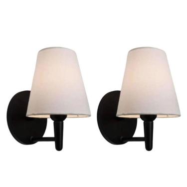 Imagem de Kit-2 Arandela Cone Md-2004 Base Preto Cúpula Em Tecido 14-14x07cm Branco - Bivolt Tela - Bivolt