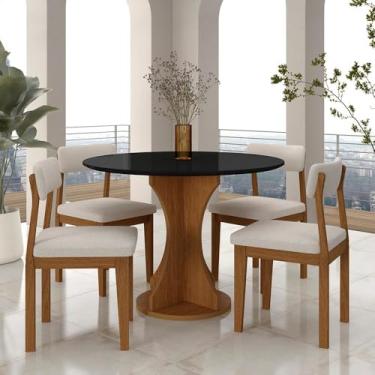 Imagem de Mesa Redonda Cosença Com 4 Cadeiras Estofadas Fre/pto/bouclé Off - M.a Freijó/preto/bouclé Off White