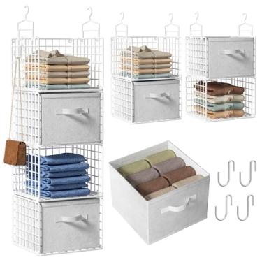 Imagem de Organizador de armário suspenso com gavetas, organizadores de armário de metal de 4 camadas e armazenamento com 4 ganchos para pendurar, 4 ganchos em S para guarda-roupa, lavanderia, prateleira de