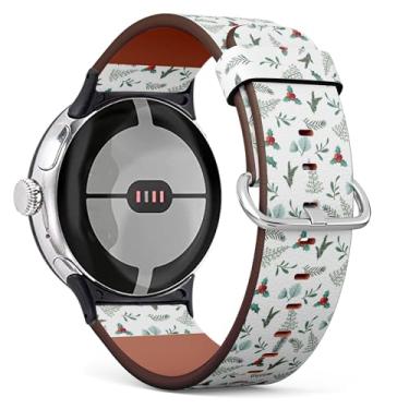 Imagem de THAZEE Pulseira de couro para relógio inteligente compatível com Google Pixel Watch 2 (2023)/Pixel Watch (2022) (Christmas Holly Leafvector)
