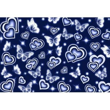 Imagem de Yeele 2,1 x 1,5 m borboleta azul amor coração pano de fundo cintilante bolinhas vintage amor coração borboleta fotografia fundo para o início dos anos 2000 volta aos anos 80 90 artigos de festa
