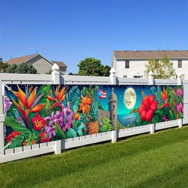 Imagem de HOMETITUTE 299 x 50 cm Bandeira de Porto Rico Flor de hibisco tropical lua cheia fortaleza caribenha com bandeira porto-riquenha cenário festival paisagem exterior cerca varanda decoração de parede