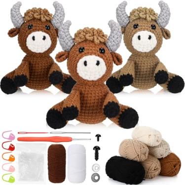 Imagem de Newwiee Highland Kit de crochê de vaca para iniciantes, animais iniciantes, kit de crochê com tutorial em vídeo, conjunto de tricô para adultos e mulheres, presente para aprender a fazer crochê, sem