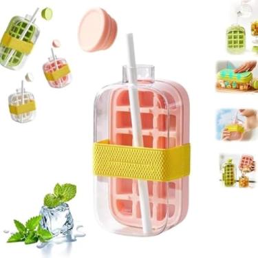 Imagem de Bandejas de gelo de congelador de silicone portátil 2 em 1 bandeja de cubos de gelo Garrafa de água com tampa Pressão zero contato Fabricante de cubos de gelo Ferramenta de cozinha (800Ml Rosa)