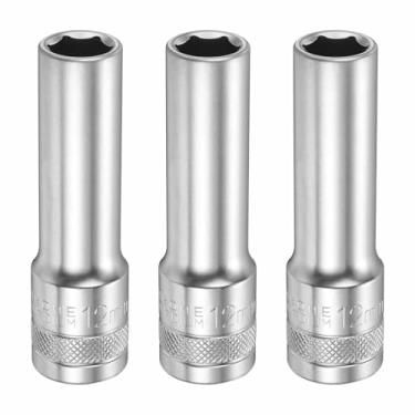 Imagem de HARFINGTON 3 peças soquete profundo de 6 pontos 1/5.1 cm drive 12 mm de profundidade métrica CR-V aço polido niquelado 78 mm / 3,1" ferramenta de soquete sextavado longo para reparo de parafusos de