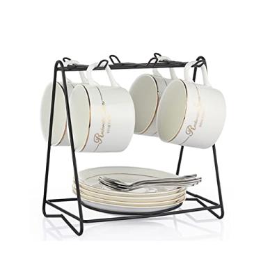 Imagem de WYUYIWH Conjunto de pires de xícara de café de cerâmica conjunto de chá de cerâmica com colher e suporte de copo conjunto de pires de xícara europeu simples branco (cor: borda dourada, tamanho: 4