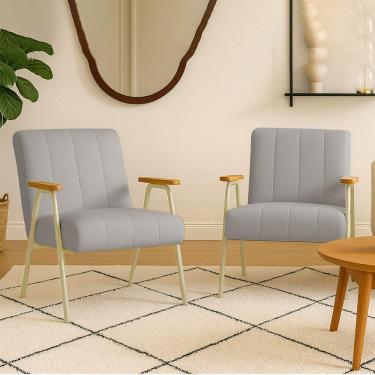 Imagem de Poltrona Sala Decorativa Industrial Champanhe Kit 2 Laurita Linho Cinza K01 - D'rossi