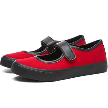 Imagem de Uoidru Tênis feminino de lona Mary Jane com fecho de toque casual para trabalho feminino, Vermelho e preto, 41