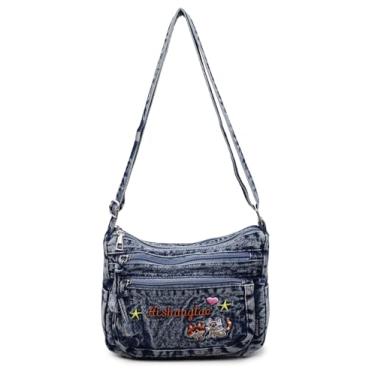 Imagem de YANPLS Bolsa tiracolo jeans vintage para mulheres, bolsa jeans com alça ajustável, bolsa de ombro casual azul, Azul (azul9)